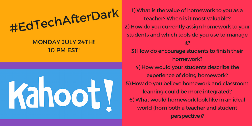 Kahoot's tweet photo. Today's the day! Join us at 10pm ET for our guest moderated #EdTechAfterDark chat on making #homework awesome! 🌜#edchat @EdTechAfterDark https://t.co/m43ZkUG2JV