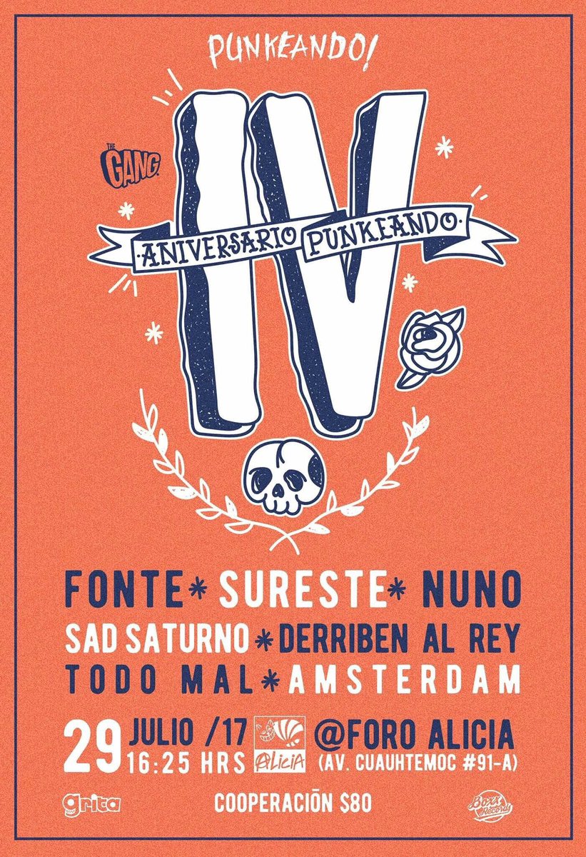 Punkeandoo's tweet photo. 4to Aniversario Punkeando

Julio 29 @multiforoalicio 5PM $80

Fonte + Sureste + Nuno + TodoMal + SadSaturno + Derriben Al Rey + Amsterdam https://t.co/jEyeTttDJ9