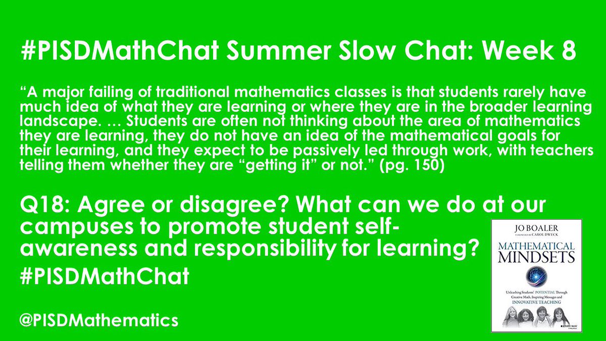 MathematicsMTSS's tweet photo. Q18: Agree or disagree? What can we do at our campuses to promote student self-awareness and responsibility for learning? #PISDMathChat https://t.co/LCBVaOGrTU
