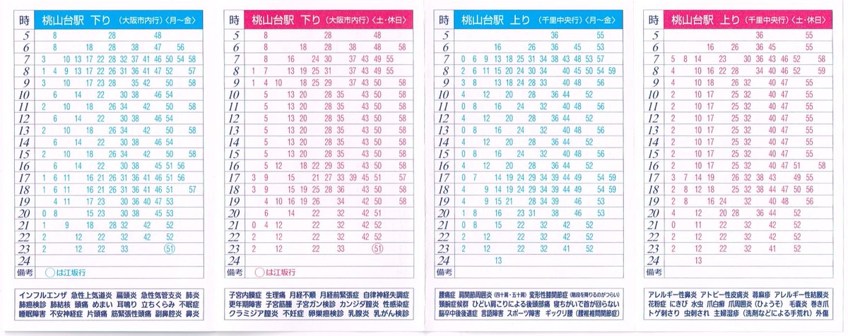 北大阪急行電鉄のポケット時刻表は緑地公園駅、桃山台駅、千里中央駅を