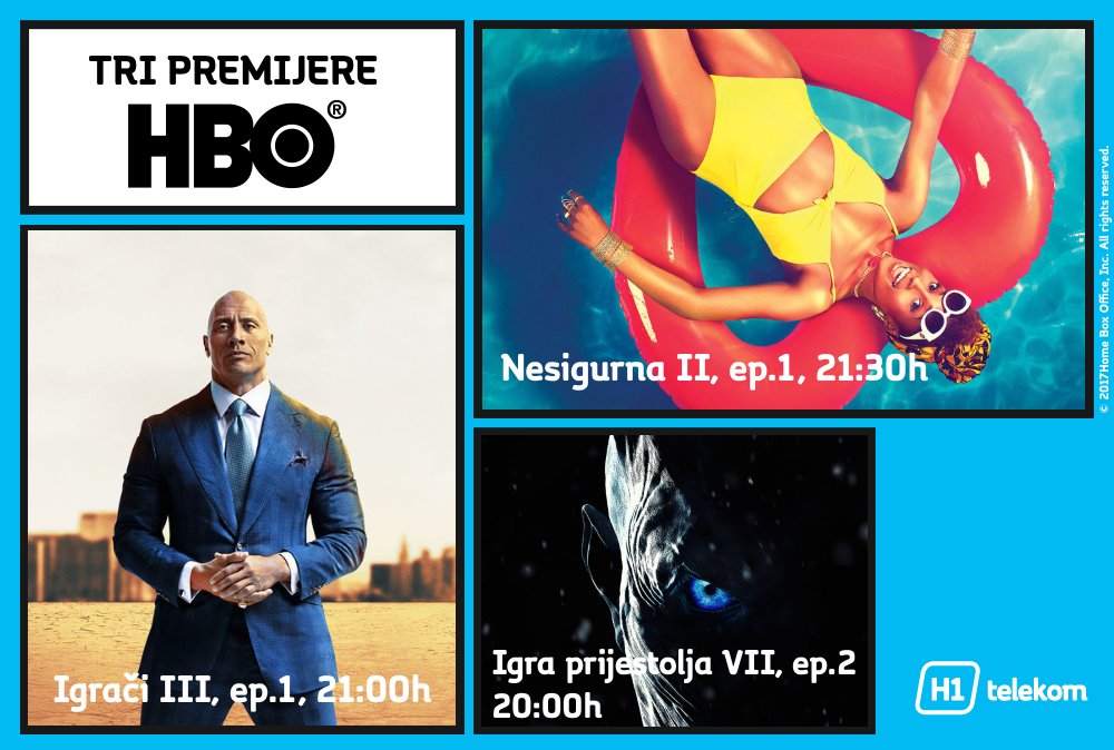 h1telekom's tweet photo. Ne znamo za vas, ali mi smo se složili: večeras ostajemo doma! Na @HBOAdria jedna za drugom, premijere:#GoTS7, #BallersHBO, #InsecureHBO. https://t.co/9y1OUJn9IP