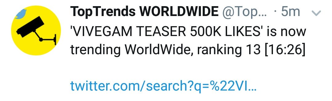 TrendsAjith's tweet photo. As usual Trending WorldWide !!!
This has Become a Hobby Now For Thala Ajith Fans. 
VIVEGAM TEASER 500K LIKES
https://t.co/7j67liN6rp https://t.co/mWSwtsYU7f