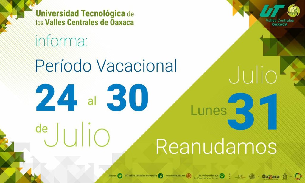 utvco's tweet photo. #TómaloEnCuenta #ComunidadUTVCO se va de vacaciones del 24 al 30 de julio. Disfruten de agradables y soleados días. #OrgulloUTVCO #Oaxaca https://t.co/U84U2oxye5