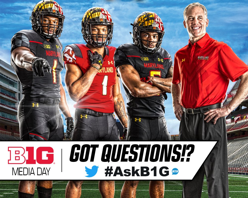TerpsFootball's tweet photo. We are here in Chicago for #B1GMediaDay!

Do you have questions for Coach Durkin, DJ Moore, Jermaine Carter or Ty Johnson? 

Use #AskB1G https://t.co/DwL15lntta