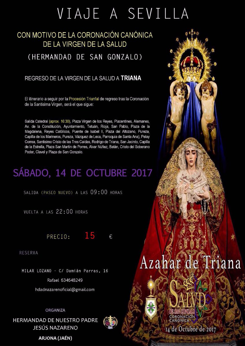 | COMUNICADO OFICIAL | 

La HERMANDAD DE NUESTRO PADRE JESÚS NAZARENO organiza un VIAJE A SEVILLA el próximo SÁBADO, 14 DE OCTUBRE 2017. ⬇