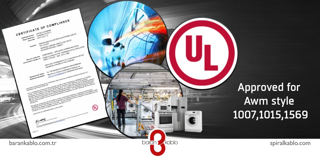 BaranKablo's tweet photo. UL's investigation of our products has been completed under the AWM WIRE,STYLES:1007,1015,1569.We have approved by UL for our reg. Cables. https://t.co/1cjXIQWOOB