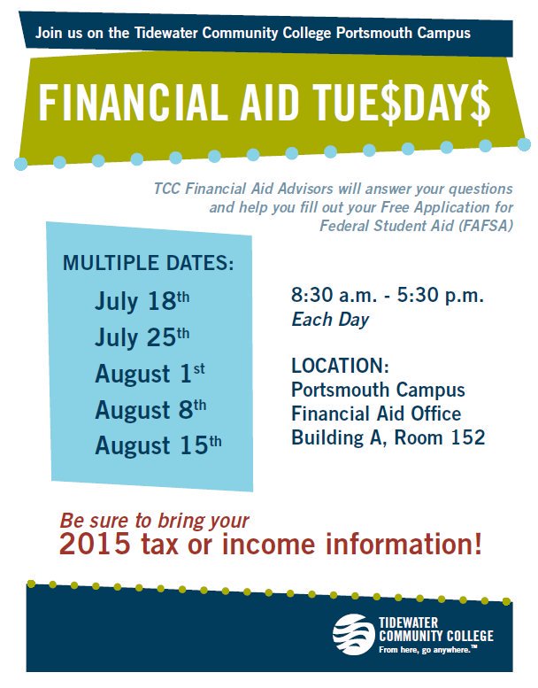 TCCva's tweet photo. Need help with @FAFSA? We've got you covered. Meet with financial aid advisors TOMORROW @TCCPortsmouth during our Financial Aid Day event! https://t.co/ogn3zejkKK