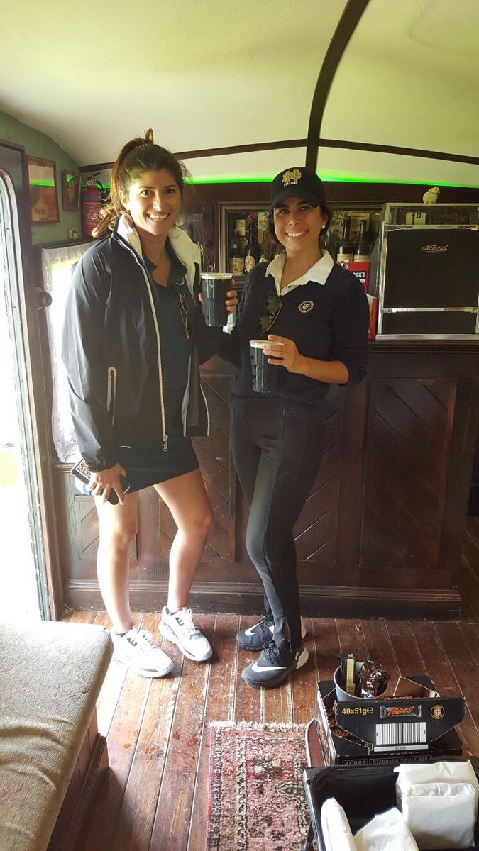 CarrGolfTravel's tweet photo. Vassi Sova and Stephanie Dolik rehydrating in #theshebeen after today's practice round. 🍺#fatherdaughtergolf2017 #watervillelinks #guinness https://t.co/ZrYgF7ix6O