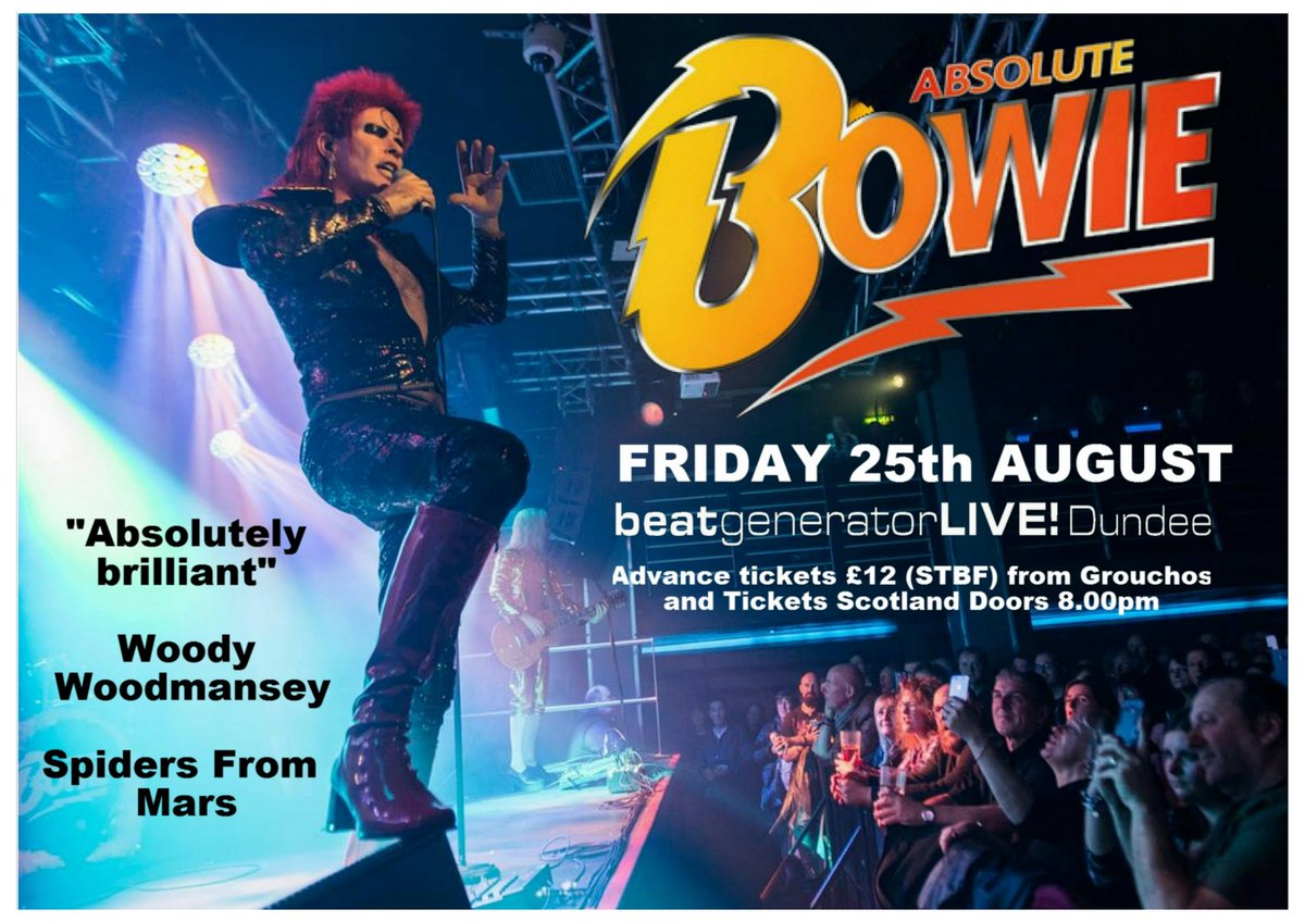 absolutebowie's tweet photo. #Dundee #DavidBowie fans! #AbsoluteBowie return to #BeatGenerator @jutejam on Fri 25 August. Buy-> https://t.co/adelqktGVO #LoveDundee RT https://t.co/0ltqa2OGR1