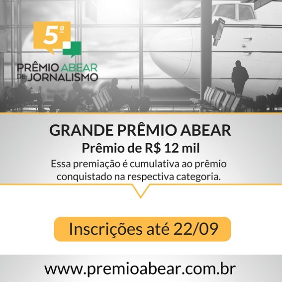 abear_br's tweet photo. Atenção, jornalista! Inscreva-se no Prêmio ABEAR de Jornalismo. Conheça todas as categorias ✈ https://t.co/KvvG5jIV9J https://t.co/iaDsP8o5eS