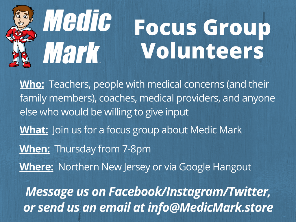 MedicMarkLLC's tweet photo. Want to get involved in our first focus group? Send us a message or email us at info@MedicMark.store for more information! #peaceofmind https://t.co/WiLAZIBzld