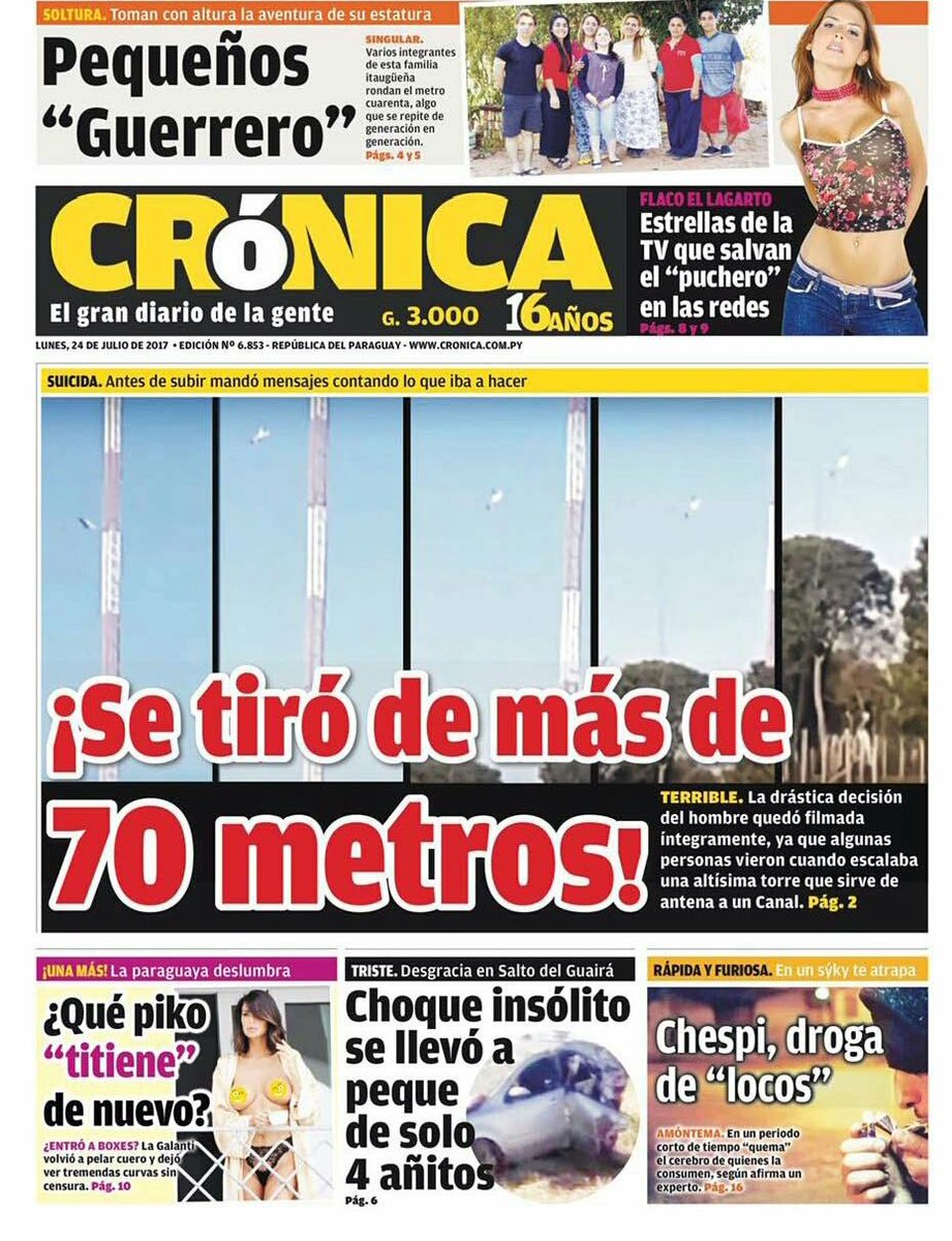 NoEsUnDiaCualqu's tweet photo. Tapa y Deportivo #CronicaPY 24-Jul-17
■¡Se Tiró de más de 70 metros!
■El Baile de la "República". https://t.co/REcuO2uu5m