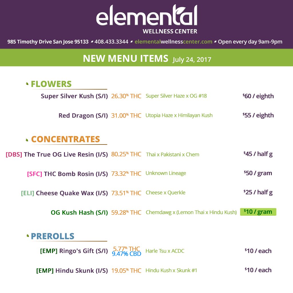 Elemental2009's tweet photo. MENU UPDATE >> #RedDragon joins the menu @ 31% #THC π΄π + #HighTimes Winner #TheTrueOG #LiveResin returns! @ 80% #THC ππͺ #elementalupdate https://t.co/CKP5gAMHCY