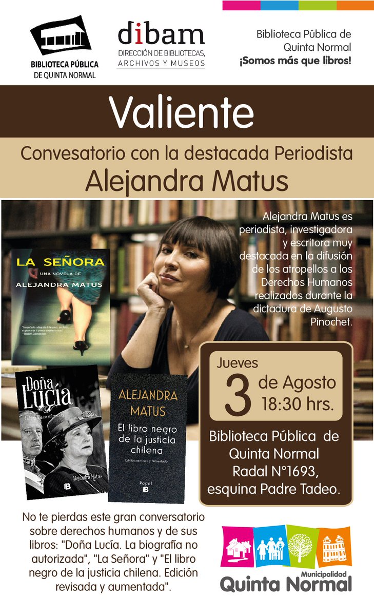 BibliotecaQN's tweet photo. #bibliotecapública #QuintaNormal, Alejandra Matus 3 de agosto en Radal 1693, entrada liberada https://t.co/lKPythiZ5s