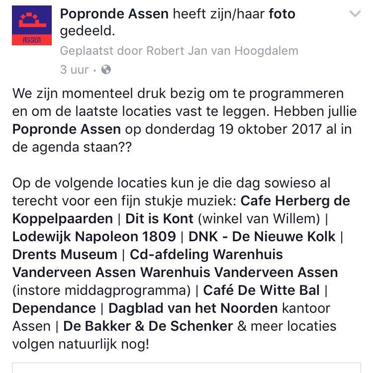 Donderdag 19-10-2017: <a href="/PoprondeAssen/">Popronde Assen</a> #festival #Assen facebook.com/poprondeassen