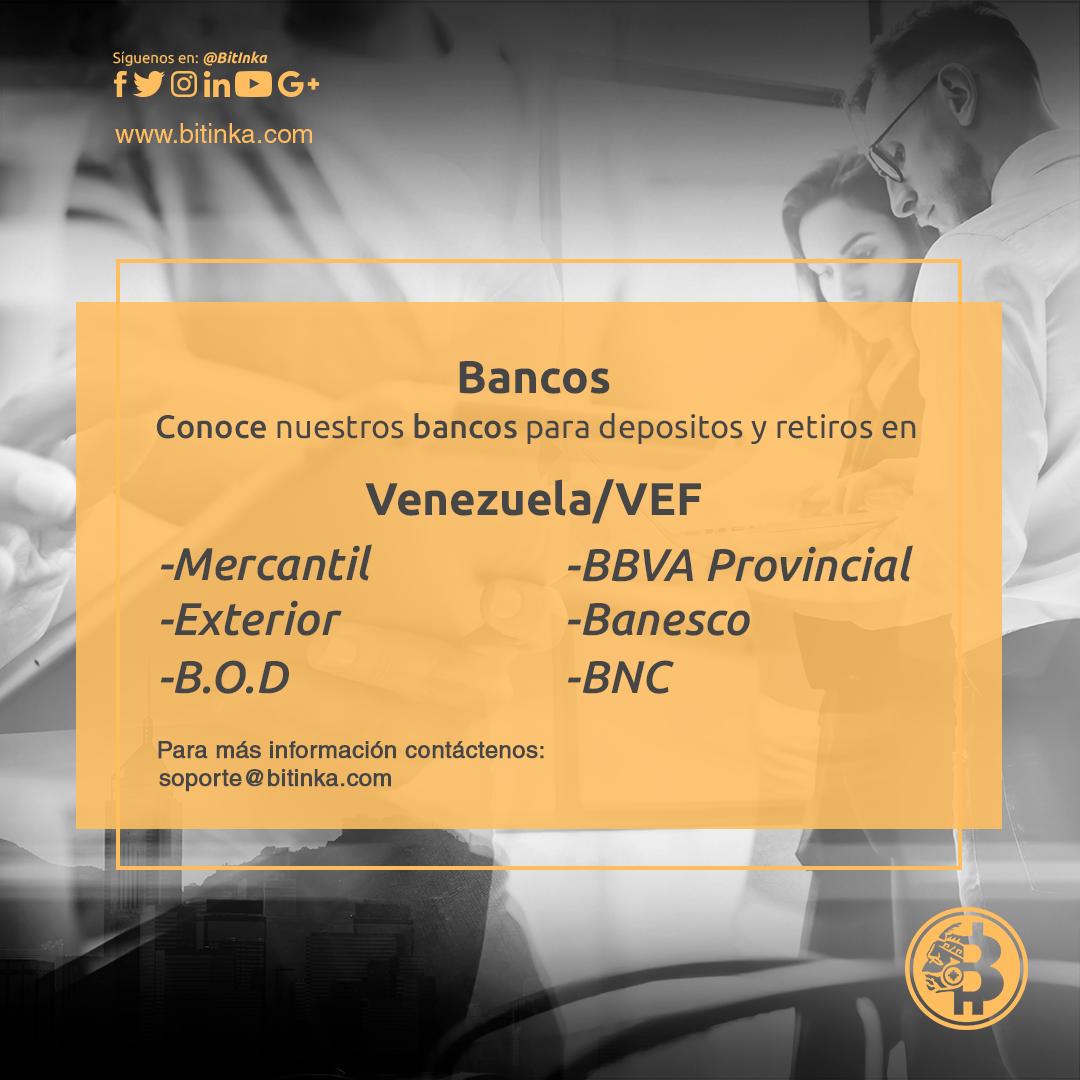 BitInka's tweet photo. #InfoBitInka Para mayor comodidad, sus transacciones puede realizaras en las siguientes entidades bancarias en #Venezuela https://t.co/lloxQqCQZ9