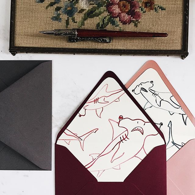 CardsandPockets's tweet photo. Super fun hand painted #envelopeliners by @liwardian in honor of #sharkweek 🌊 Paired with our pretty colored #envelopes 💌 https://t.co/s40OG8EPQw
