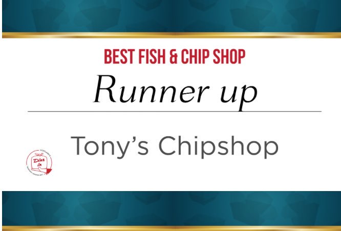 dineinawards's tweet photo. And the Runner Up in Best Fish &amp; Chip Shop is ... Tony's Chip Shop ! #dinein Congratulations ! 🎉 https://t.co/4NetYlk4d4