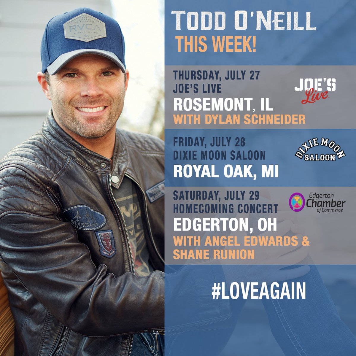 toddoneillmusic's tweet photo. #SummerTour still going strong. Next up is IL, MI & OH! Y'all gotta tell us the best places to get food while we are on the road! #LoveAgain https://t.co/wqjaUPcsSn