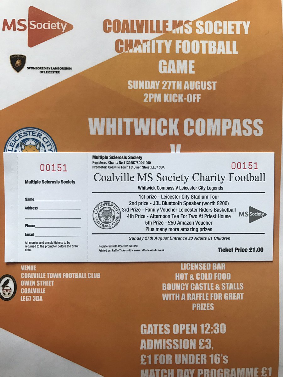 MSCoalville's tweet photo. Raffle tickets are finally available now.
#mssociety #charity #football #leicestercitylegends #coalvilletoenfc
#upthecompass https://t.co/7V2d40Mh9v