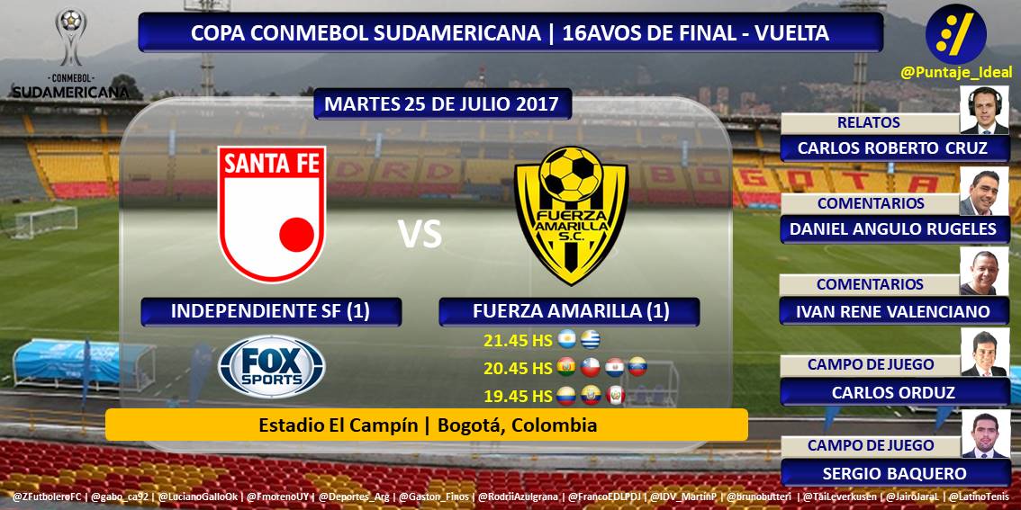 Puntaje_Ideal's tweet photo. #SudamericanaxFOX| #IndSF🇨🇴 Vs #FzaAmarilla🇪🇨
Rel: @CRobertoNF | Com: @DanielAnguloR-@elbombardero72
Cdj: @orduzrubio-@SergioBaquero
Dale RT https://t.co/wv3jdQltoj