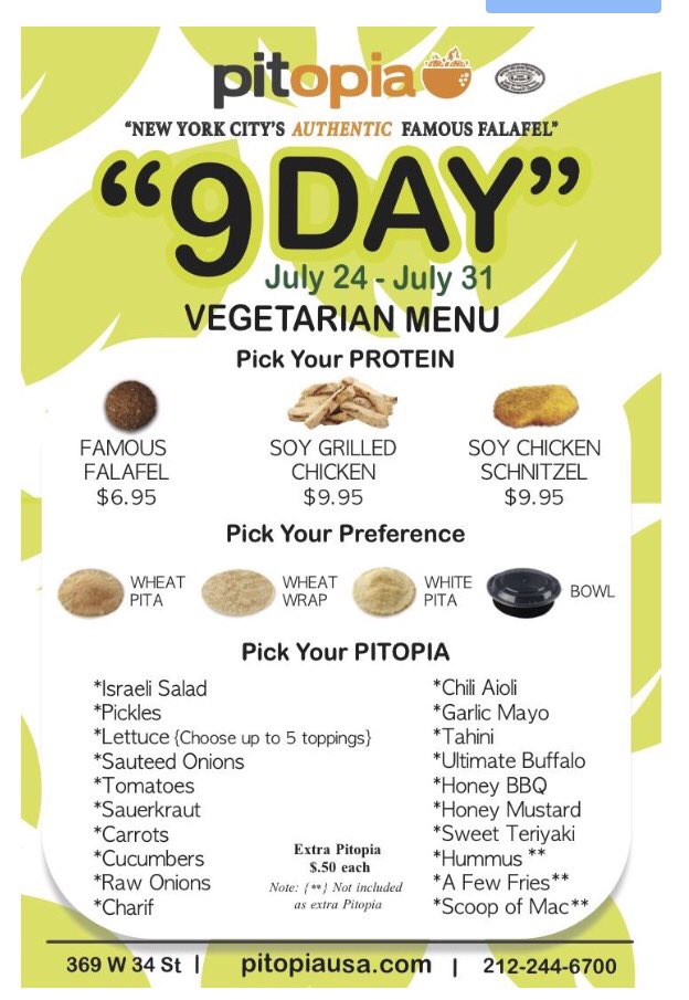Pitopianyc's tweet photo. Meatless week!! Vegetarian options are available - https://t.co/NAmBhS2ren #9daymenu #vegetarian #lunchtime #kosher #monday https://t.co/LweMCaVMyg