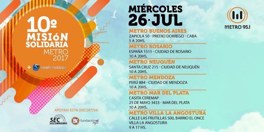 denuskur's tweet photo. Este miércoles! Todo lo bueno que das vuelve #MisionSolidaria #MisionMetro2017 en el #EspacioDorrego y en el resto del país 🇦🇷 @Metro951 https://t.co/4YsMgmaAel