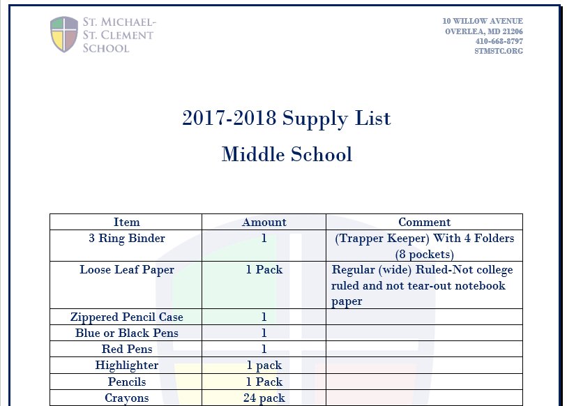 stmstcschool's tweet photo. 2017-2018 School Supply Lists can be accessed on our website https://t.co/9OE73Wimz2 https://t.co/lFAcrITjcQ