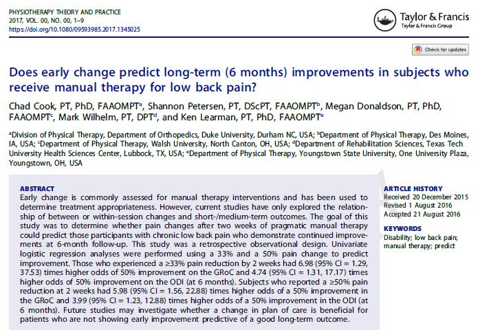 chadcookpt's tweet photo. Another study showing early change in pain is prognostic for good outcome in subjects who received manual therapy. ~8 similar studies now https://t.co/al2DWnVdpw