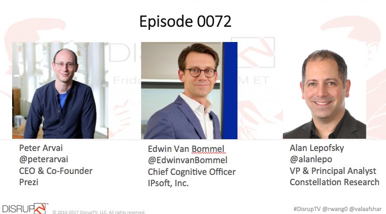 Tune in Friday for interviews with <a href="/peterarvai/">Peter Arvai</a>, <a href="/EdwinvanBommel/">Edwin van Bommel</a> &amp; <a href="/alanlepo/">ALan LepofskY 🇨🇦 🇺🇸 ✡️</a> on <a href="/DisrupTVShow/">DisrupTV</a> bit.ly/2v0c5xi cc: <a href="/ValaAfshar/">Vala Afshar</a> <a href="/rwang0/">R “Ray” Wang 王瑞光 #Cupertino #AI #Energy R.NFT</a>