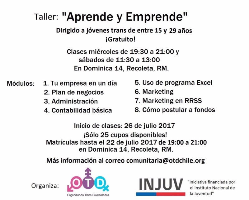 Si eres trans, tienes entre 15 y 29 años y estás interesad@ en emprender, ¡No te pierdas este taller que <a href="/OTDChile/">Asociación OTD Chile</a> tiene para ti!