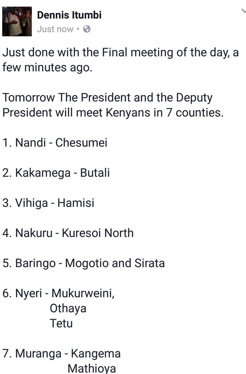 .<a href="/UKenyatta/">Uhuru Kenyatta</a> &amp; <a href="/WilliamsRuto/">William Samoei Ruto, PhD</a> will visit 7 counties tomorrow,making 11 stops  selling the Jubilee agenda of Transformation #TransformingKE