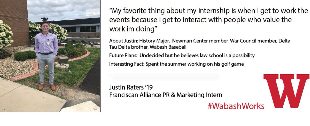 WabashCareers's tweet photo. Today we spotlight Justin Raters '19 for his work with Franciscan Alliance here in Crawfordsville. #WabashWorks https://t.co/cK4PQEbX6k