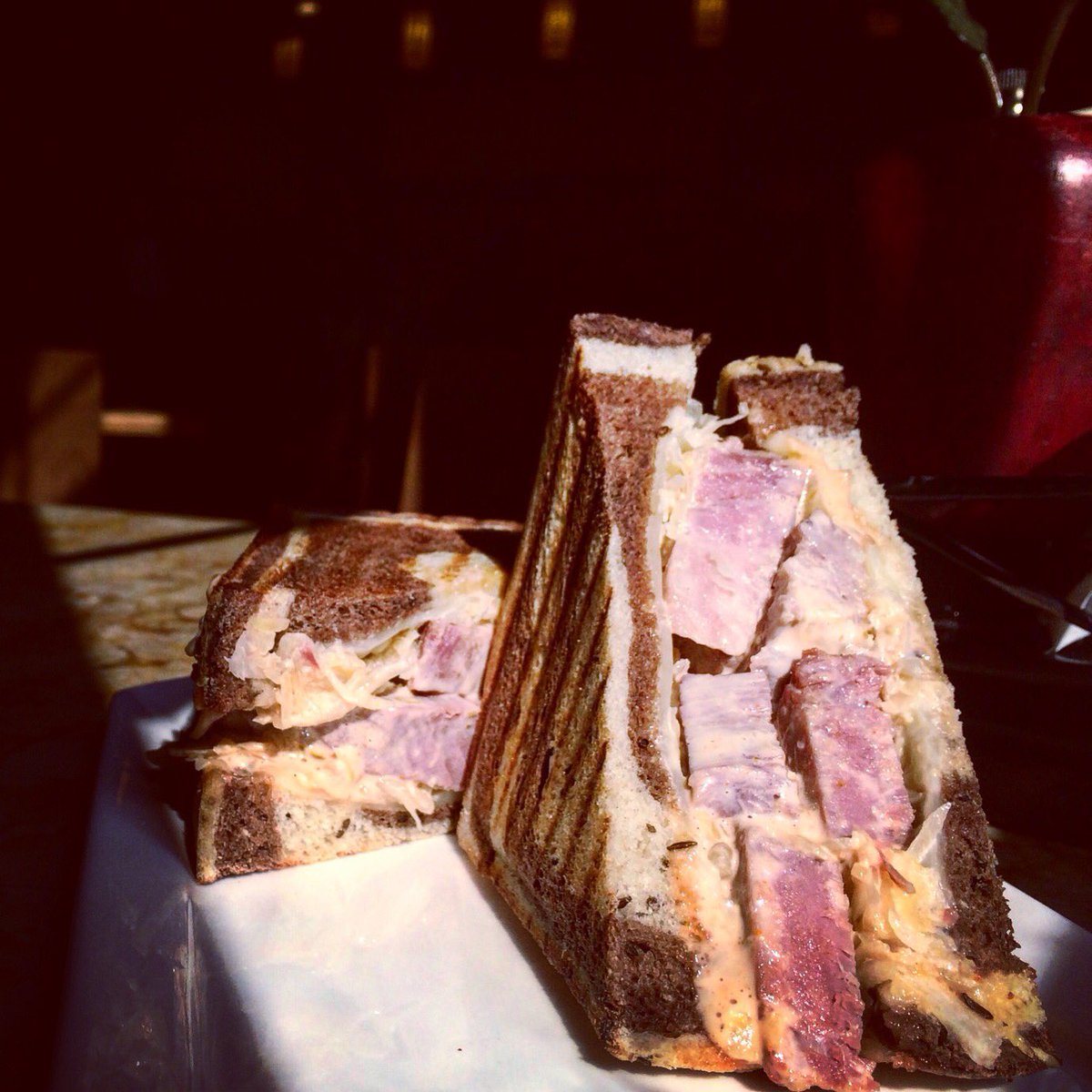 ApplePieBakery's tweet photo. Meet the "Reuben." Made with house-cured corned beef, Swiss, sauerkraut, & house-made
Russian dressing on marbled rye #APBC #MainMenuMonday https://t.co/YQ5D2WRUGJ