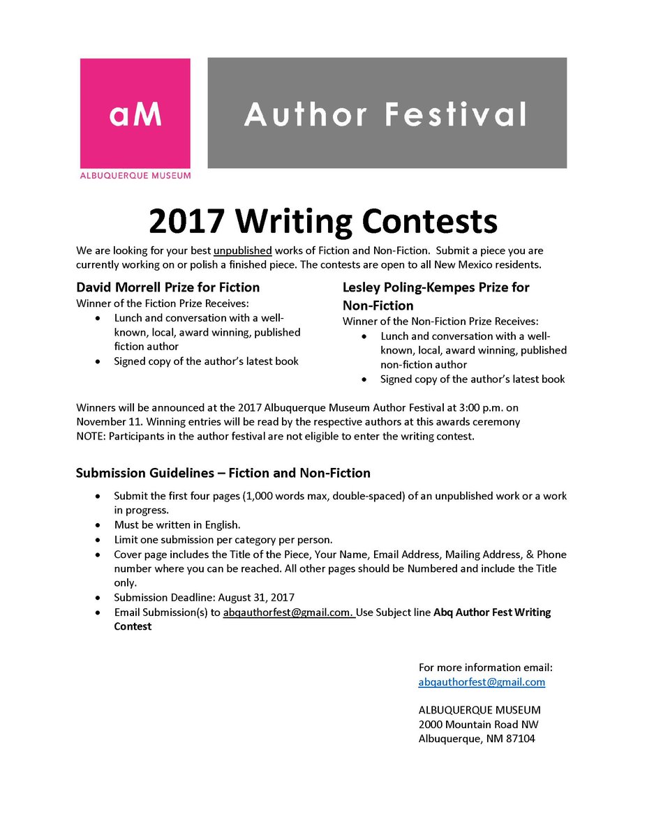 abqmuseum's tweet photo. Calling New Mexico Authors: we are looking for your best unpublished works of Fiction and Non-Fiction. https://t.co/sIUsD1w1dP