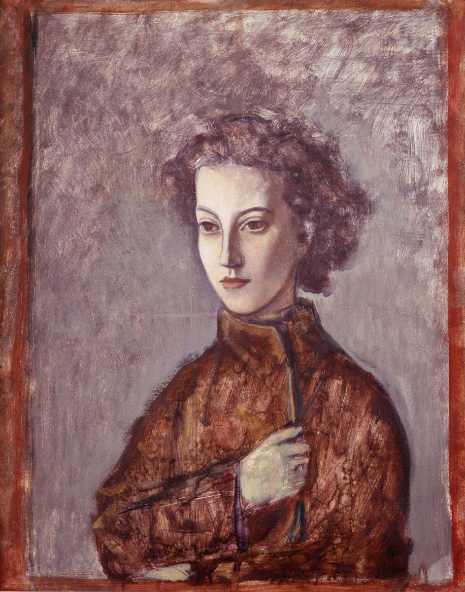 jack_malle's tweet photo. Balthus Portrait of Rosabianca Skira. Frescolike background wth grey red brown tones..brown outline stripe appear as a window.. https://t.co/SwvvNRXfuz