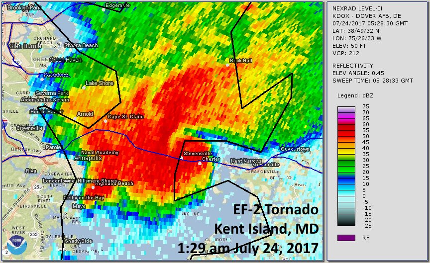 NWSEastern's tweet photo. The @NWS_MountHolly confirmed EF-2 tornado touched down around 1:30 am last night on Kent Island, MD. Details at: https://t.co/9VVFBhNvrk https://t.co/L7Aco9zwsX