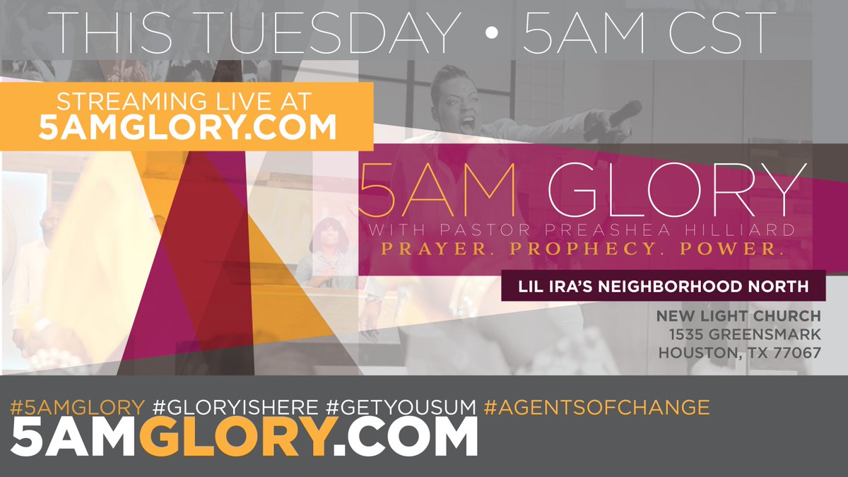 Join <a href="/Preashea/">Preashea Hilliard</a> for an interactive, power-packed prayer service tomorrow <a href="/NewLightCC/">New Light Church</a>-North. #5AMGlory