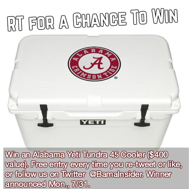 BamaOnLine on X: Win a $400 Alabama Yeti Cooler! Free to enter - Entry for  each action - Re-Tweet, Like & Follow (3 total). Follow @bamainsider   / X