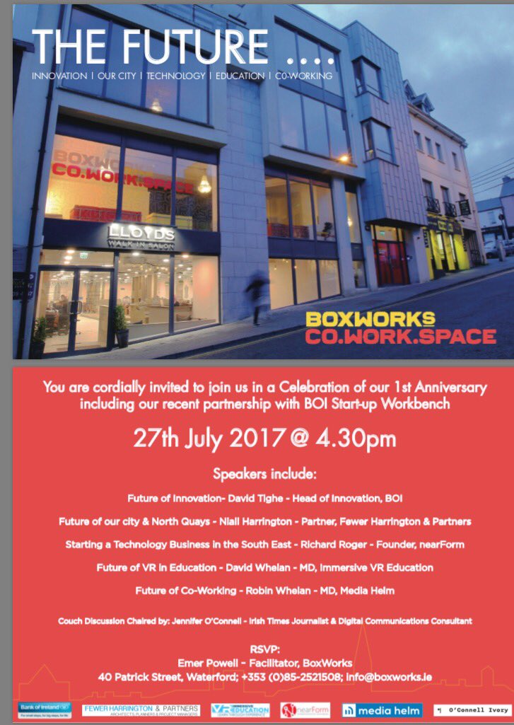 robbieskuse's tweet photo. Waterford Startups; tag along @BoxWorksCoWork are celebrating their 1st year in business, hard to believe how much they done in 365 days! https://t.co/CFEWKWa3jz