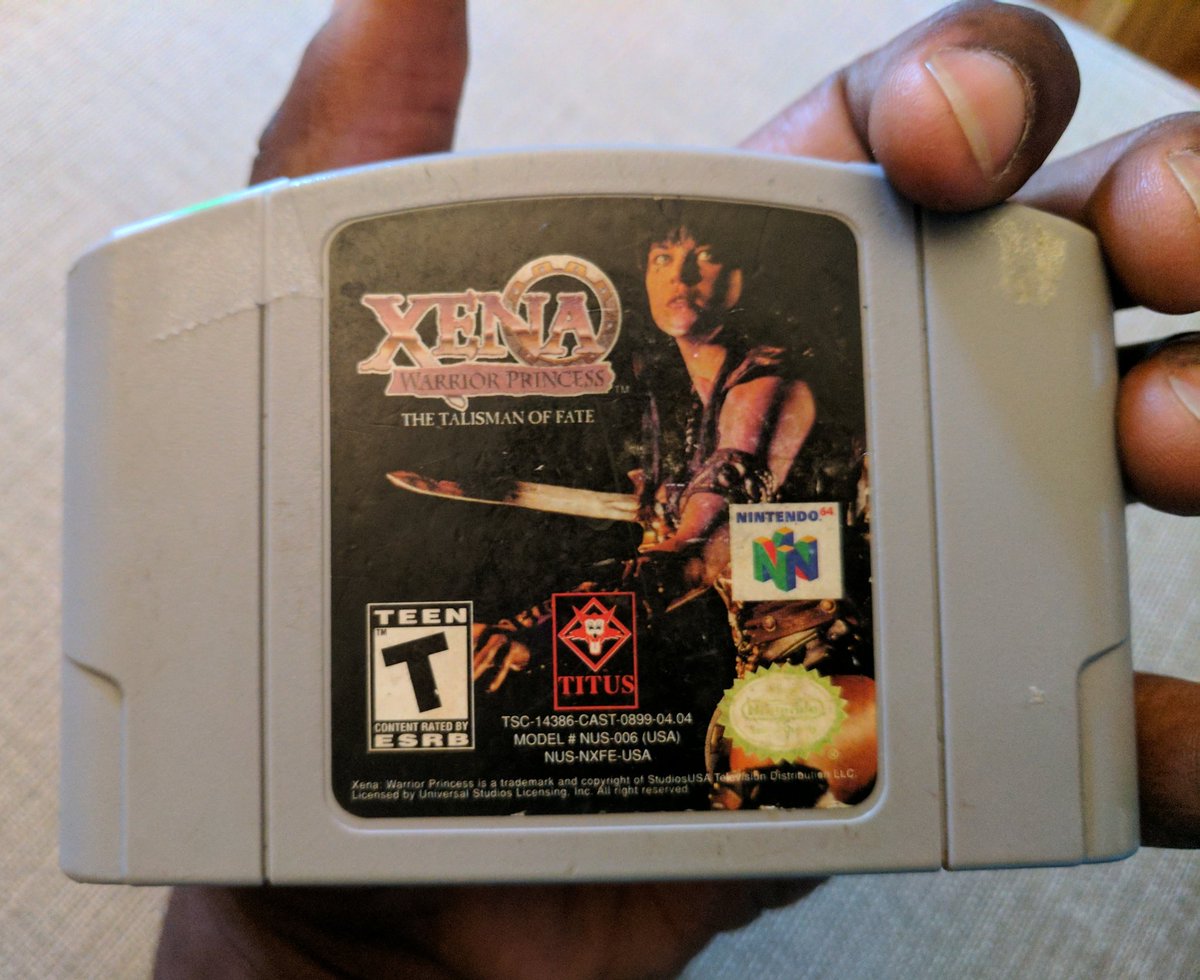 JarrydHuntley's tweet photo. Just realized this Xena N64 cart I picked up at the #CCAGShow was developed by Titus. Don't know if I can play it because, Superman 64... ;( https://t.co/T1RqQmMbri