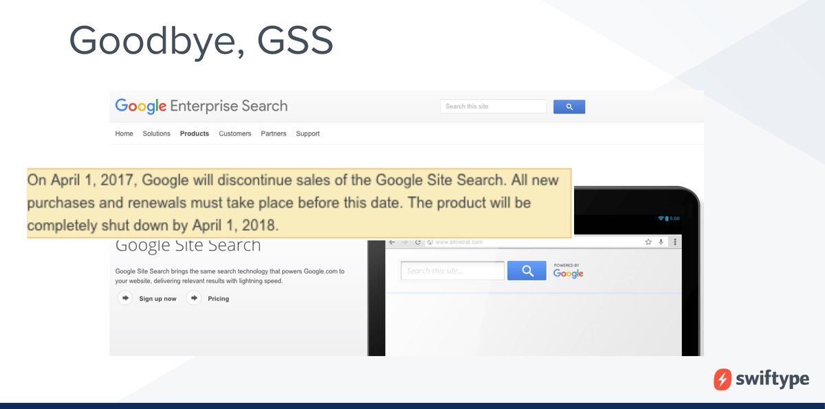swiftype's tweet image. Learn why you shouldn&apos;t settle for Google&apos;s #CustomSearchEngine. Watch this 15min webcast recording to learn more: bit.ly/2nfH97g
