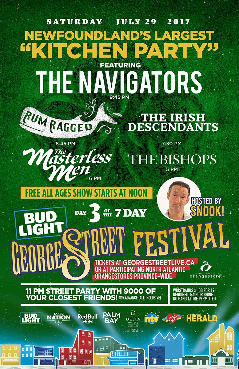 GeorgeStLive's tweet photo. Sat Jul 29 @ #GSF2017: @TheNavigatorsNL @RumRagged Irish Descendants, @masterlessmen &amp; more. Hosted by @SnookOlMan! https://t.co/QbKYa1eTEj https://t.co/mIh6RqwSfq