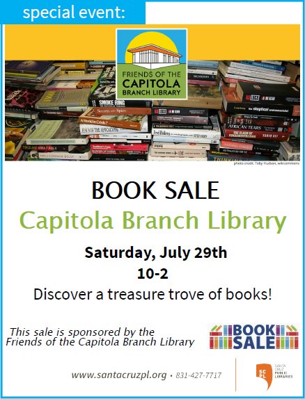 CapitolaKristen's tweet photo. Check out the Friends of Capitola Branch Library Book Sale on July 29th! https://t.co/e87Cj361J6