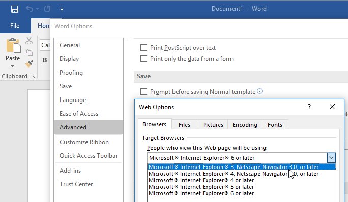 Correction: Internet Explorer 3.Office 2016 can still export to Internet Explorer 3.That's 1996.Calm down.