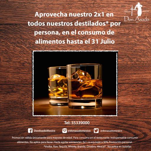 Hasta el 31 de julio tendremos un 2x1 en todos nuestros destilados*. Se trata de una promoción personal en el consumo de alimentos