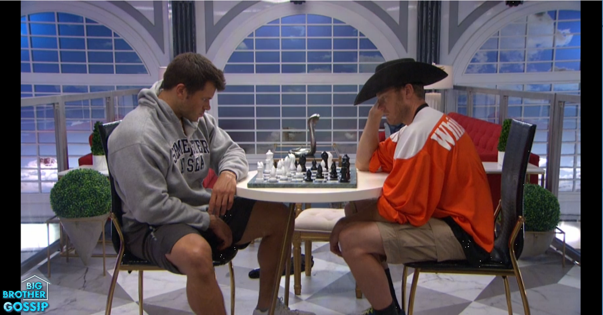 BBGossip's tweet photo. Christmas talking to Matt (Blue Shirt Day) About what I'm not to concerned. Mark & Jason playing chess. #bb19 #WaitingForThursday https://t.co/0hvnyACy1w
