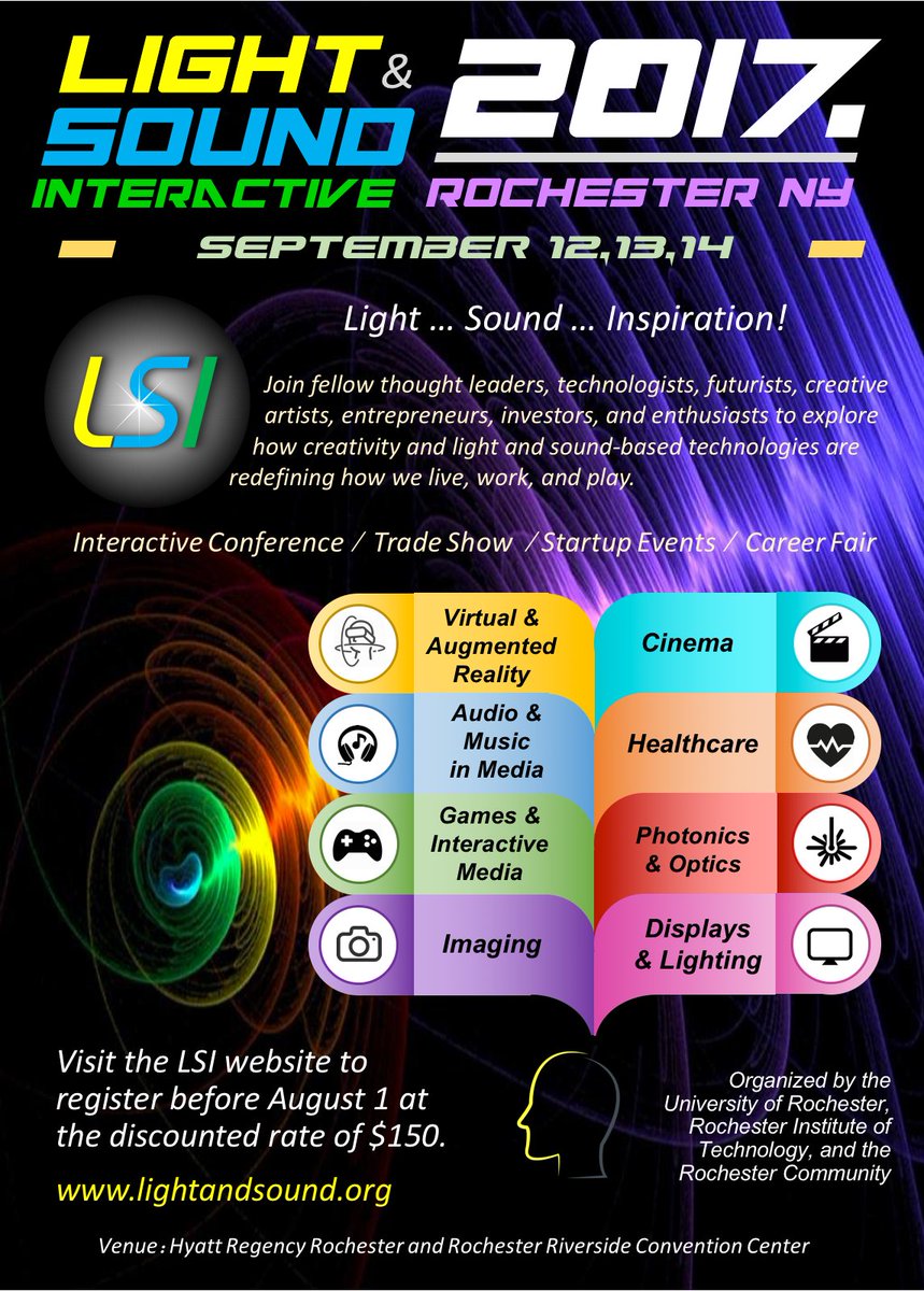 LSI_ROC's tweet photo. The first annual Light and sound Interactive conference!
Held in #RochesterNY Sept 12-14th. #LSI2017
For more info: https://t.co/nYf76ivSrT https://t.co/YYgenkiy6y