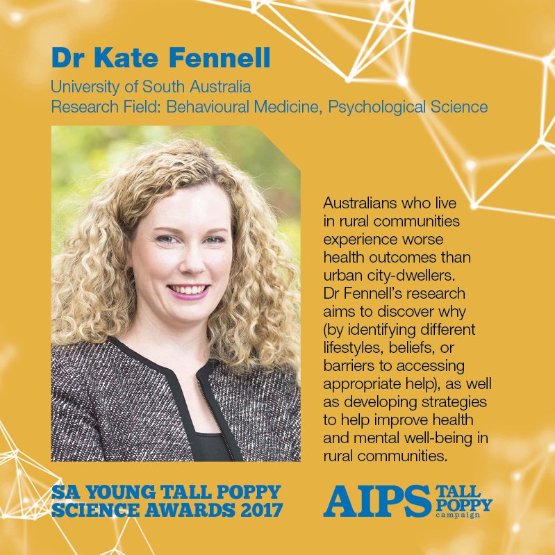 Our first #SATallPoppy winner <a href="/KateFennell2/">Kate Fennell</a> <a href="/UniversitySA/">UniSA</a> working on improving health outcomes for rural communities #emcr #womeninstem
