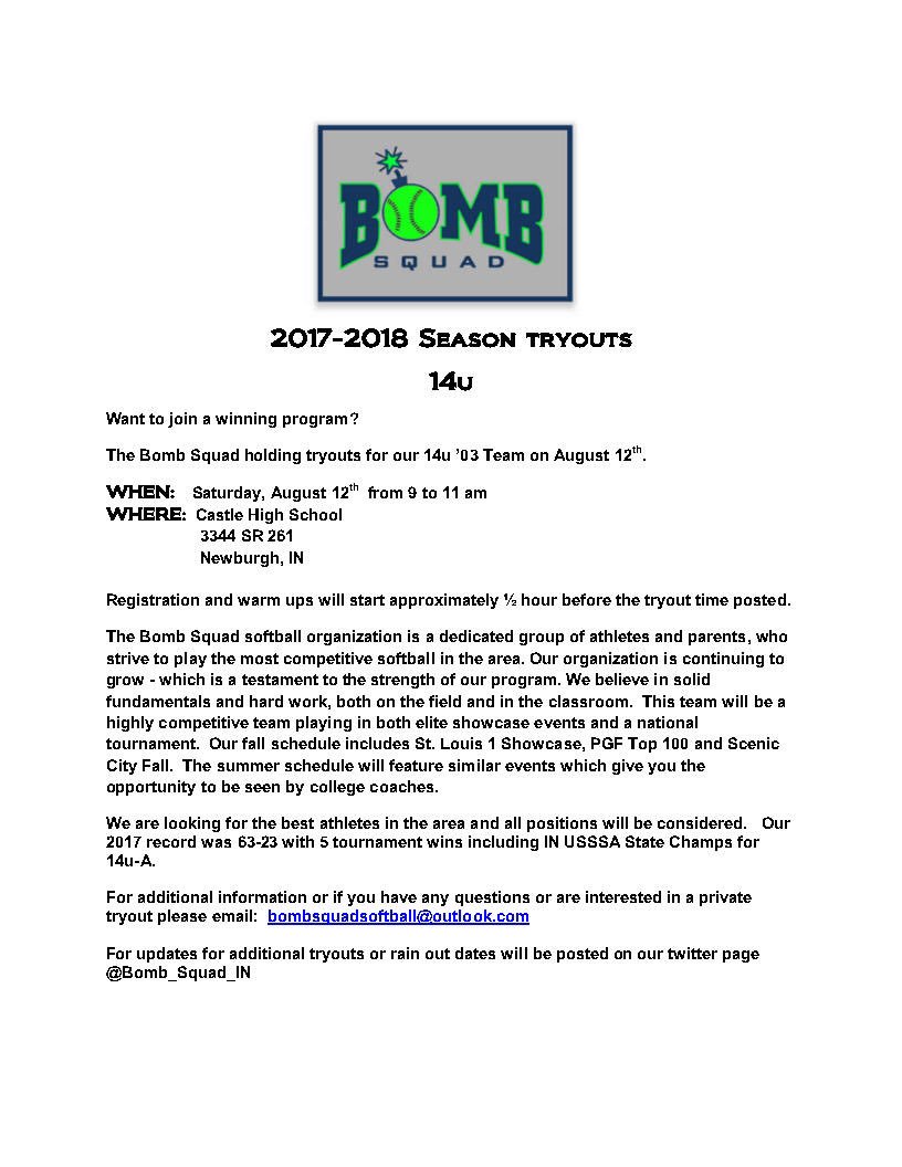 Bomb_squad_IN's tweet photo. TRYOUTS! '03 14u team tryout Aug 12 from 9-11 am @ Castle HS in Newburgh IN. If ? plz message or email bombsquadsoftball@outlook.com https://t.co/tlHf9T85Iy